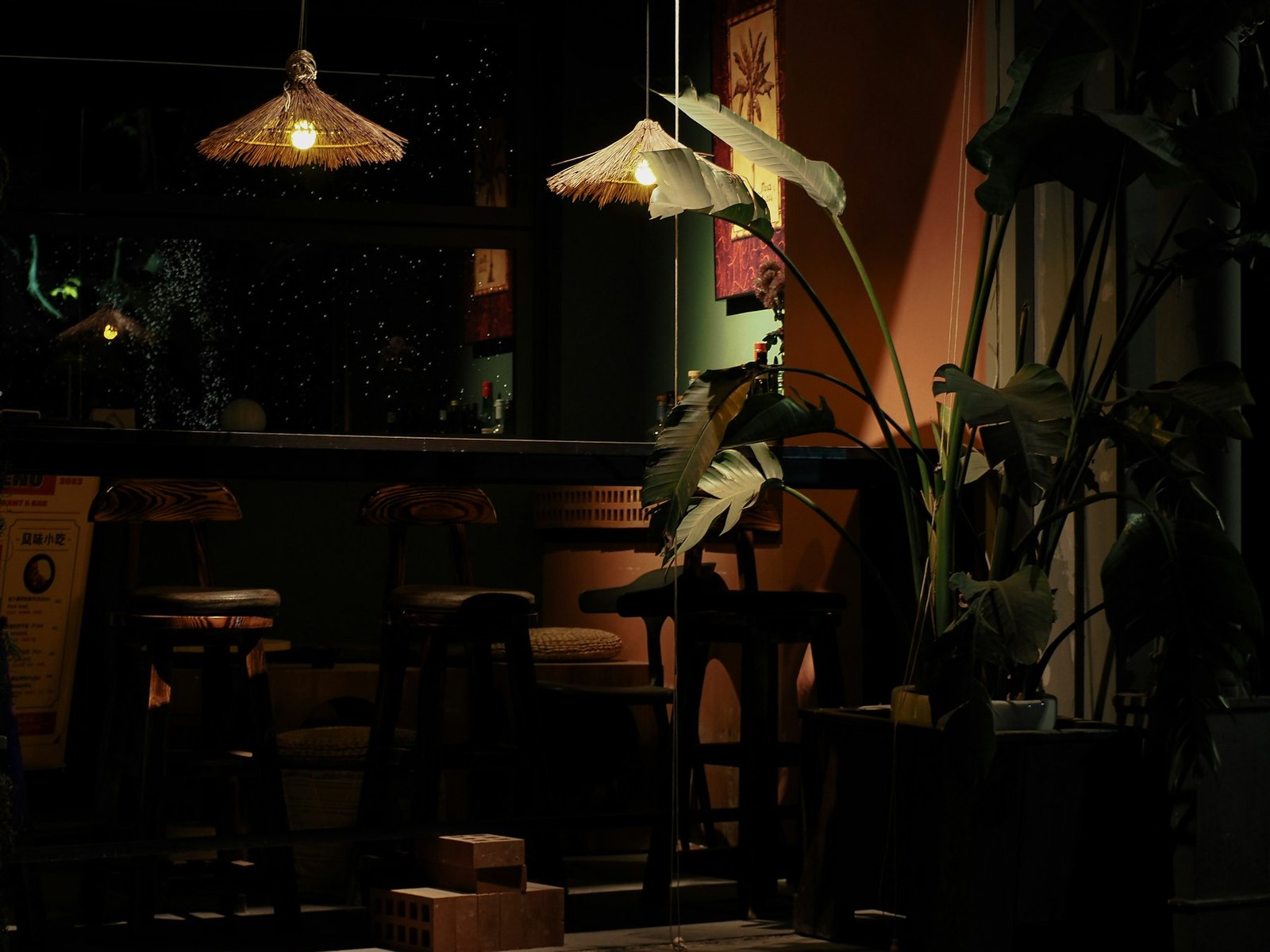Dimly lit bar interior with stools and plants