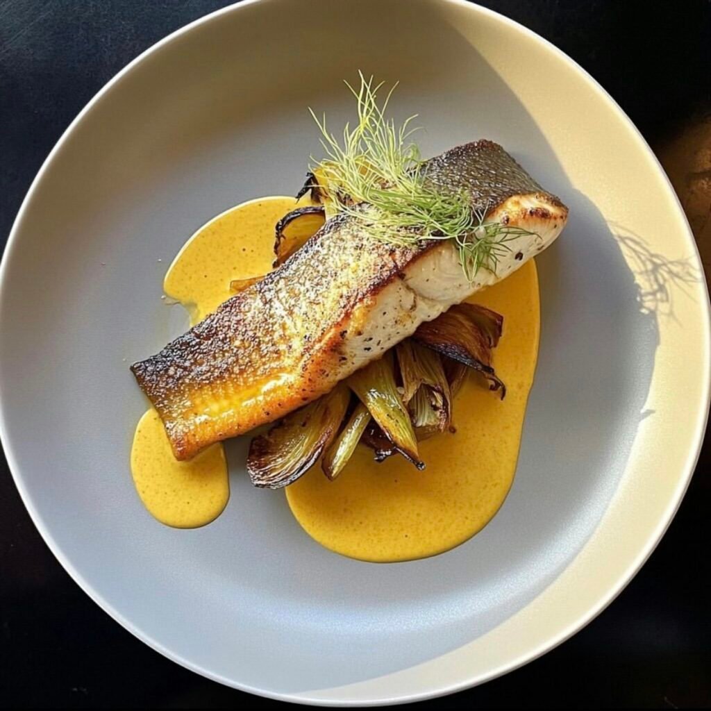Gourmet plated dish with roasted vegetables and vibrant sauce, fine-dining presentation
