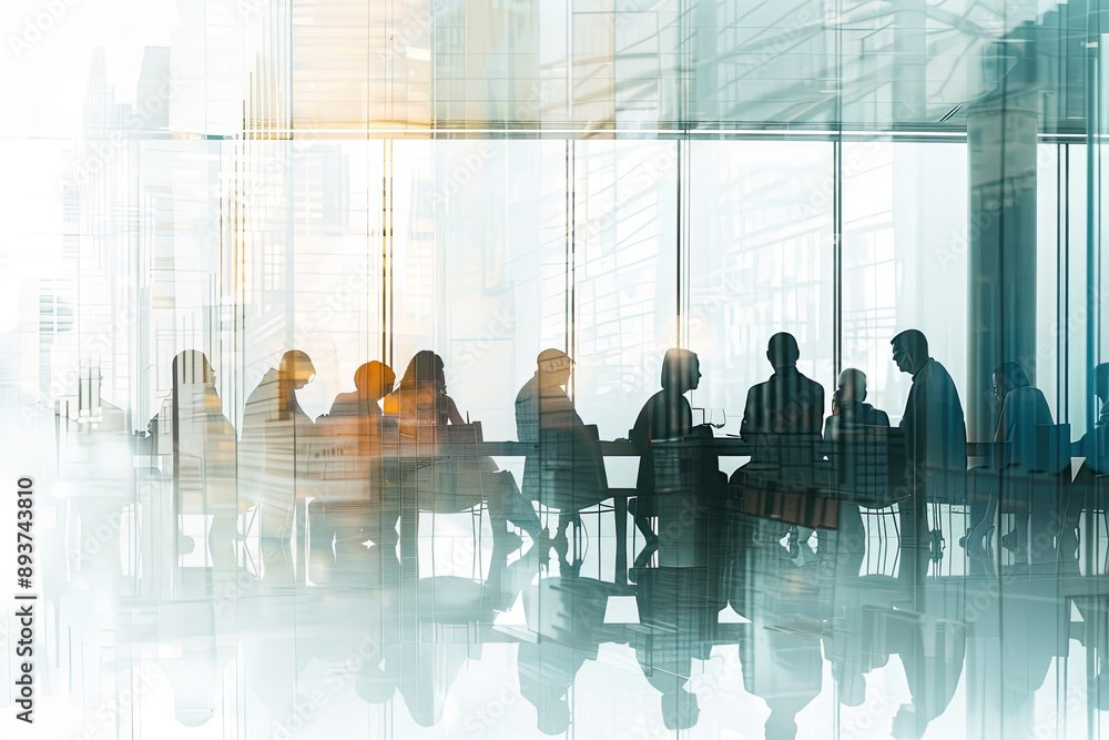 A group of business professionals gathered in a boardroom with glass walls, depicted in the style of double exposure photography against a white background.